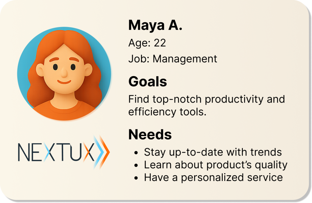 Example of of simple Persona card by NextUX, with a picture, name, goals and needs of the Persona.